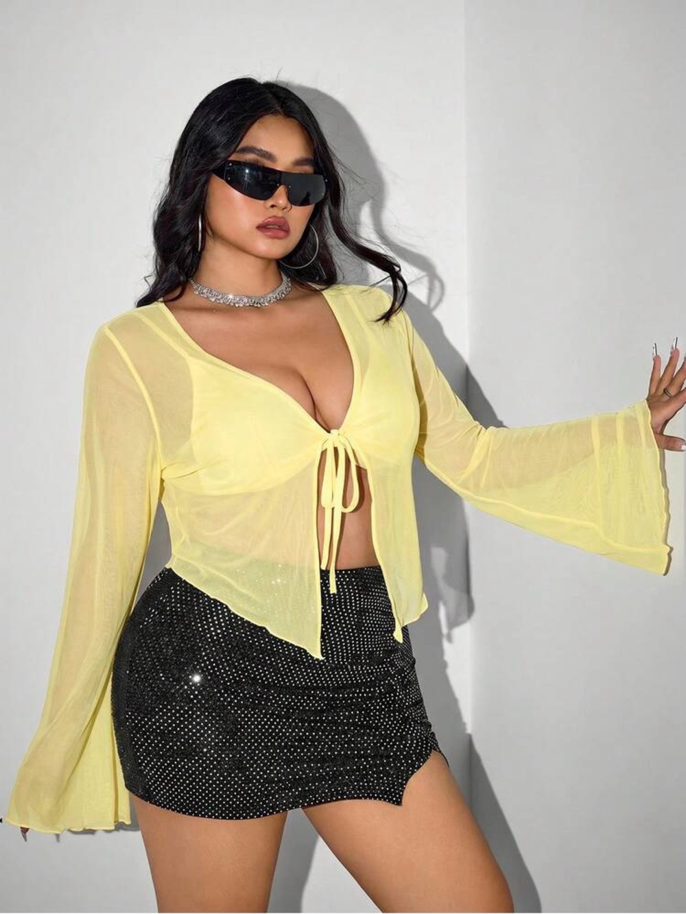 IC COLLECTION Yellow Sheer Tie-Front Crop Top
